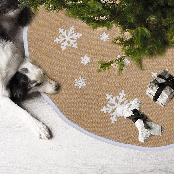

48inches white snowflower printing burlap christmas tree skirt for indoor outdoor ornament