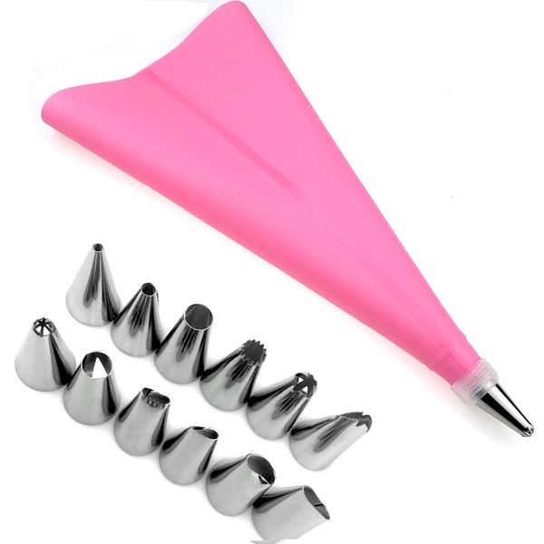 

14 pcs/set silicone icing piping cream pastry bag + 12 pc stainless steel nozzle pastry tips converter diy cake decorating tools