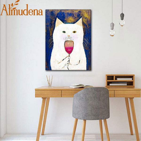 

almudena white cats taste red wine nordic cute simple cartoon canvas poster unframed wall art painting fashion home decoration