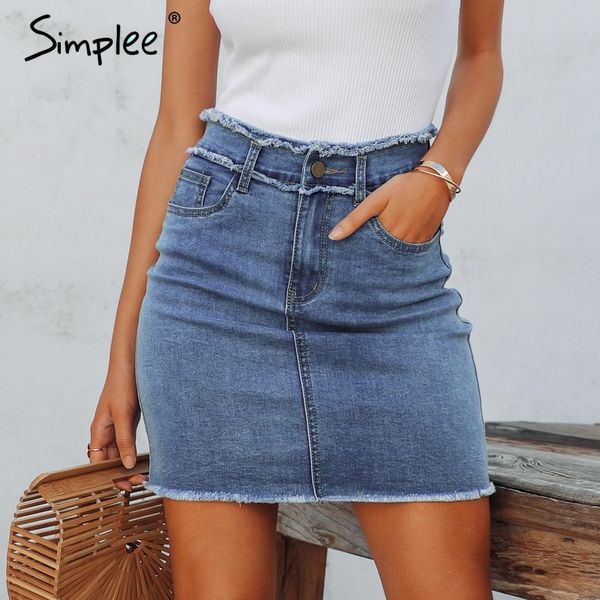 

simplee pencil denim women skirt tassel high waist bodycon mini skirt female casual streetwear jeans summer skirts 2019, Black;gray