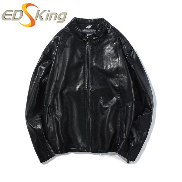 

men high collar zipper leather pu 50% cotton 50% jacket solid color male fashion biker paint man leather jackets motorcycle coat, Black