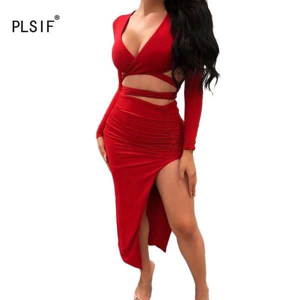 

night club style lady suit deep v-neck hollow out and side split bodycon long skirt 2 piece set charming suits, White