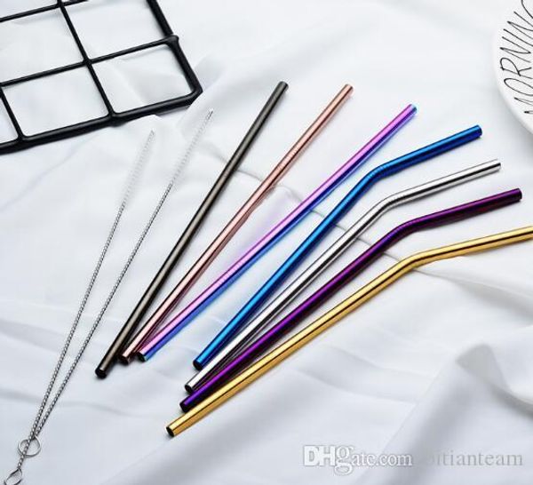 

us stock 6*215mm 304 stainless steel straw bent and straight reusable colorful drinking straws metal cleaner brush bar drinking tool fy4139