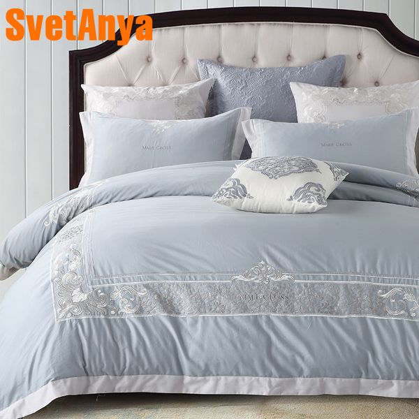 Light Blue European Style Embroidery Bedding Set 4 Queen King Size