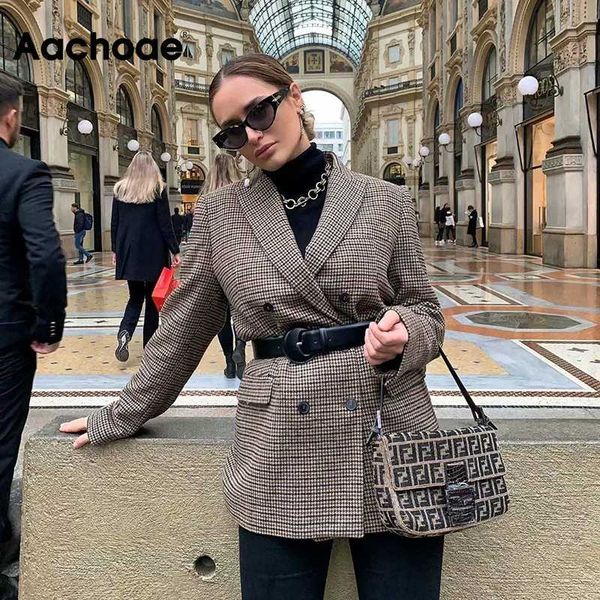 

women vintage double breasted office plaid blazer long sleeve loose houndstooth suits coat ladies blazers jackets outerwear, White;black