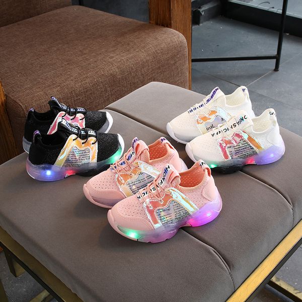 

2020 children breathable kid baby girls boys letter led luminous sport run sneakers casual shoes fashionable for kids shoes, Black;red