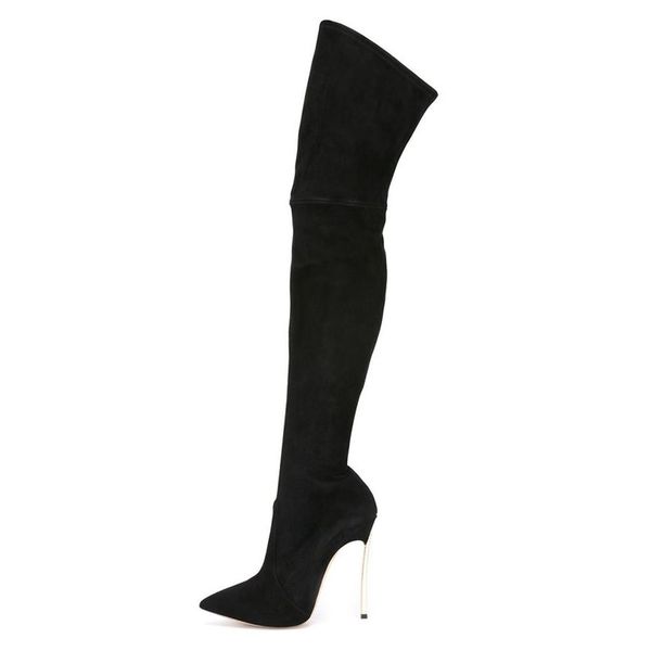 

2018 winter new over-the knee long boots thin high heel pointed toe show thin long boots leather/stretch for women, Black