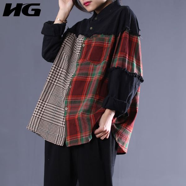 

hg] casual female korea fashion blouse 2019 spring summer new full sleeve turn-down collar plaid patchwork button shirt lyh3217, White