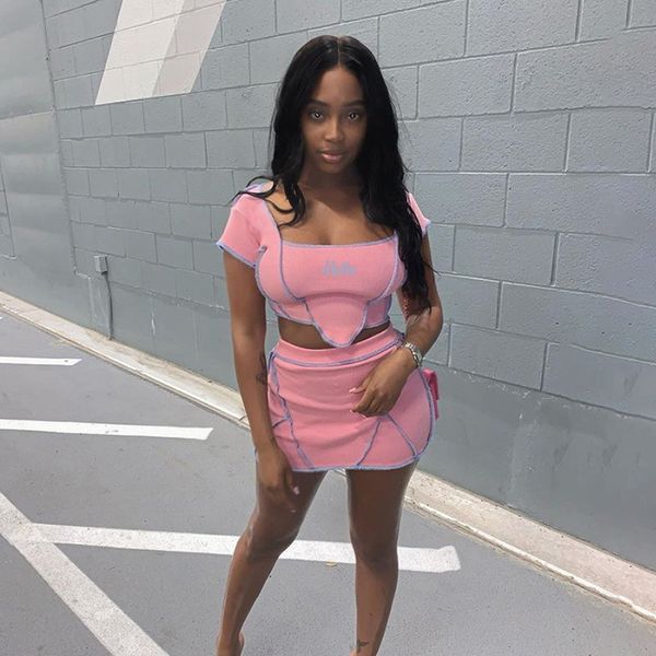 

embroidery knitting crop skirts 2two pieces sets women leisure tee shirt2020 summer street skirts suits, White