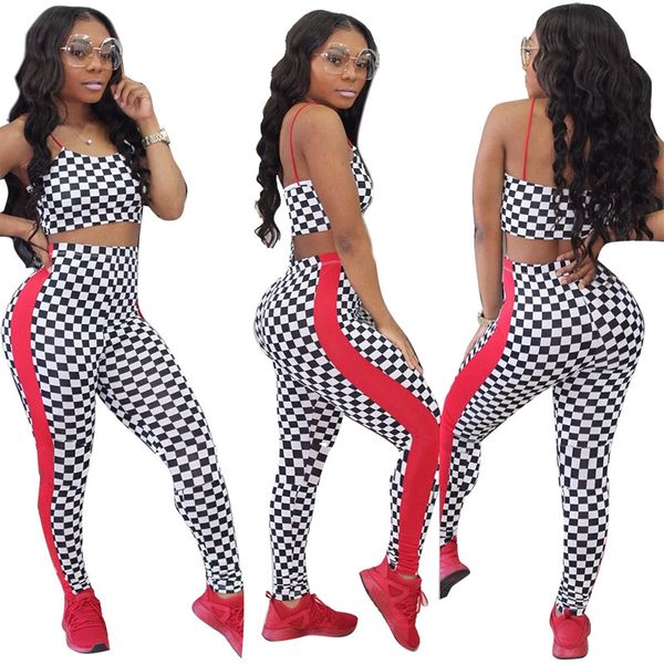 

fashion fitness plaid tracksuit women two piece set spaghetti strap crop pencil pants leggings set bodycon slim suit, White