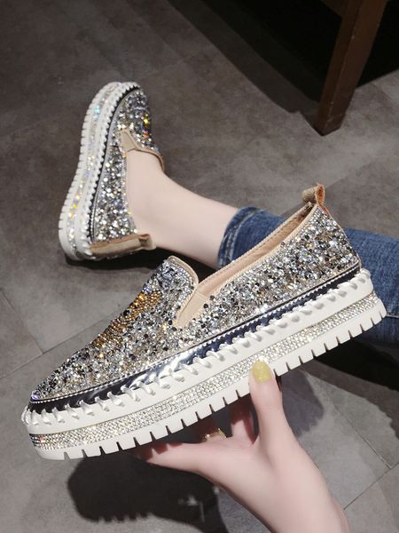 

flat bottomed woman 2019 autumn new fashions, water drill, sequins, pedals, muffins, thick bottom, lok fu shoes, Black