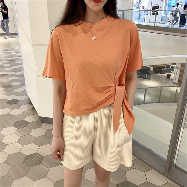 

summer 2020 women's all-match pleated solid color short sleeve loose short t-shirt t-shirt shoulder strap shoulder strap women, White