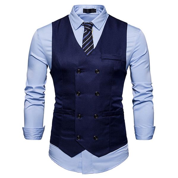 

double breasted navy blue vest for business men slim fit mens suit vests male white waistcoat gilet homme sleeveless, Black;white