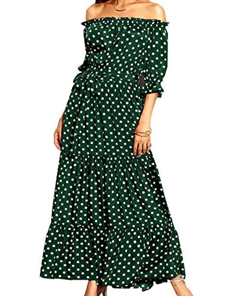 

aox women casual off shoulder ruffle sleeve polka dot printed a line party long maxi dress, Black;gray