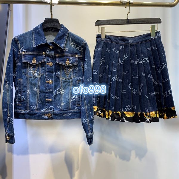 

High end women girl hort kirt uit hort leeve tee top lapel neck top coat denim jacket and denim pleated letter printing kirt