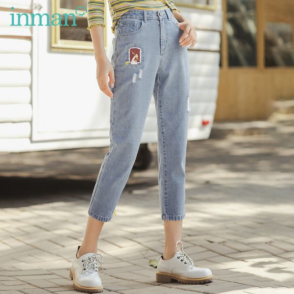 

inman 2020 spring new arrival literary funny cartoon patch broken holes slimming ankle-length trouser, Blue