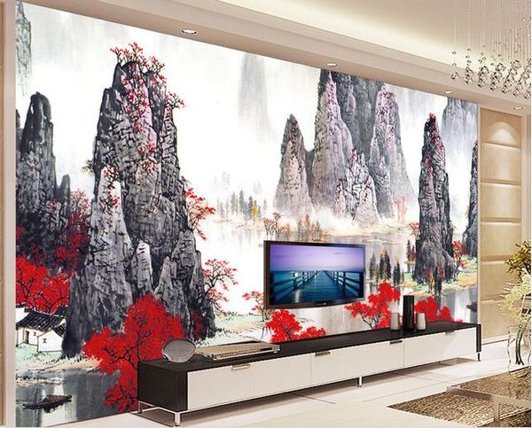 

custom p wallpaper landscape chinese painting, autumn season, chinese tv background wall