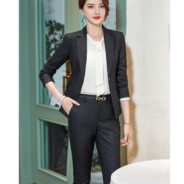 

elegant formal office work wear ol women pant suit set solid suit jackets and trousers 2piece sets business l interview wear, White;black