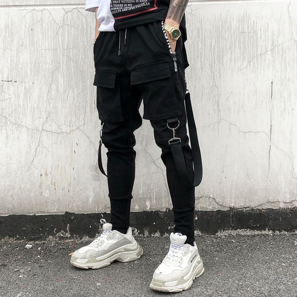 

multi-pocket pencil pants mens hip hop patchwork cargo ripped sweatpants joggers trousers male fashion casual full length pants, Black