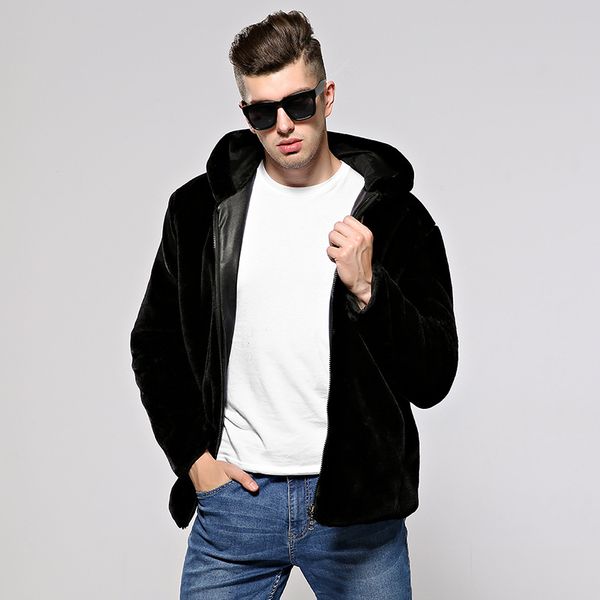 

new men's fur-like men's jacket autumn-winter korean version of cap fur thickened large-size, Black