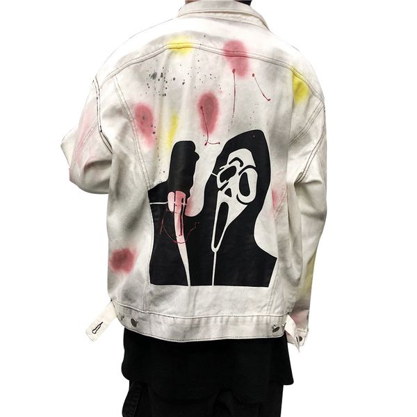 

aboorun fashion hip hop denim jacket men devil graffiti printed oversized streetwear jeans jacket for male r2979, Black;brown