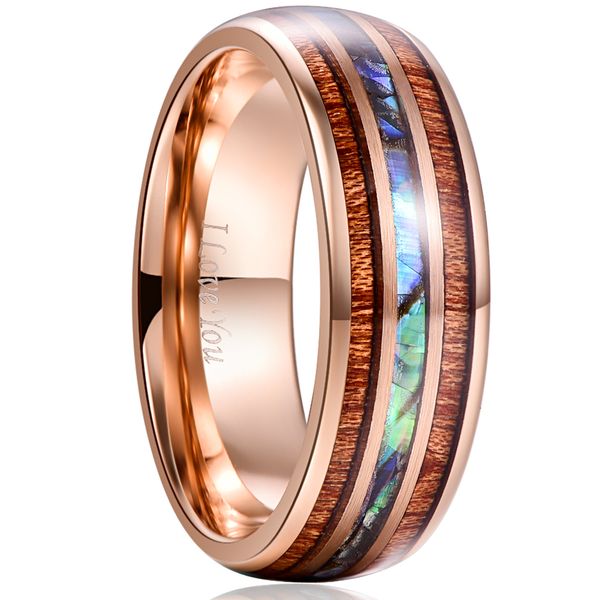

engagement anniversary gift 8mm width 2.3mm thick rose gold inlay acacia abalone shell tungsten steel ring, Slivery;golden