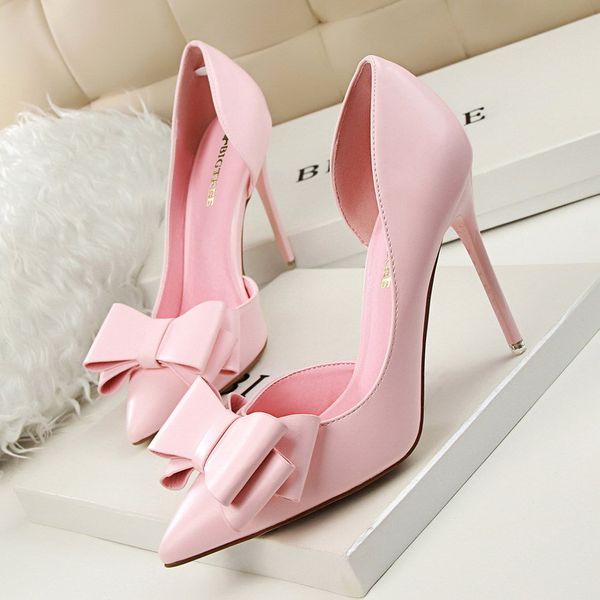 

pumps 2010 pu fashion show sweet bowknot high heels stiletto high heel shallow mouth pointed side hollow shoes women t200525, Black