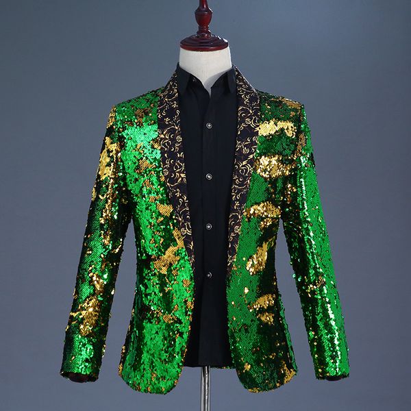 

green gold sequin jacket singer performance costume dancer outfit blazer for men gold men's sequin stage jackets mens prom suits, White;black