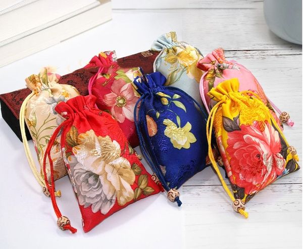

bright peony flower small wedding favor bag drawstring christmas birthday party gift bag chinese natural silk brocade jewelry pouch 10pcs/l