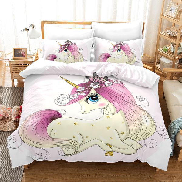 3d Kids Bedding Set Single Size Pink Cartoon Flower Unicorn Duvet