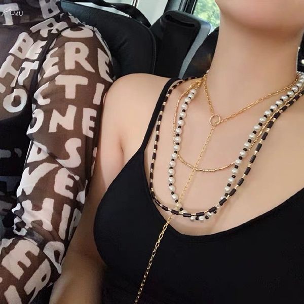 

aomu 2019 multi layer metal necklace imitation bead clavicle chain for women fashion chain jewelry gift, Silver