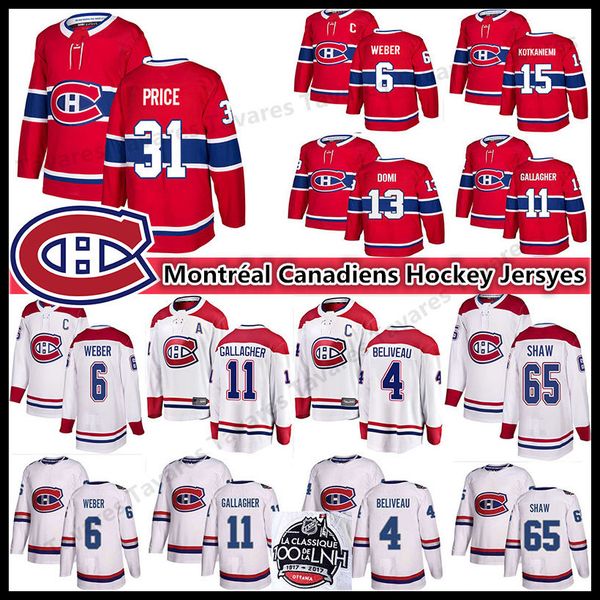 

2018 new montrÃ©al canadiens 6 shea weber 31 carey price 11 brendan gallagher 13 max domi stitched red and white ice hockey jerseys, Black;red