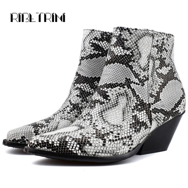

ribetrini western ankle boots for women snake prints pointed toe boots ladies square heels shoes woman plus size 34-48, Black