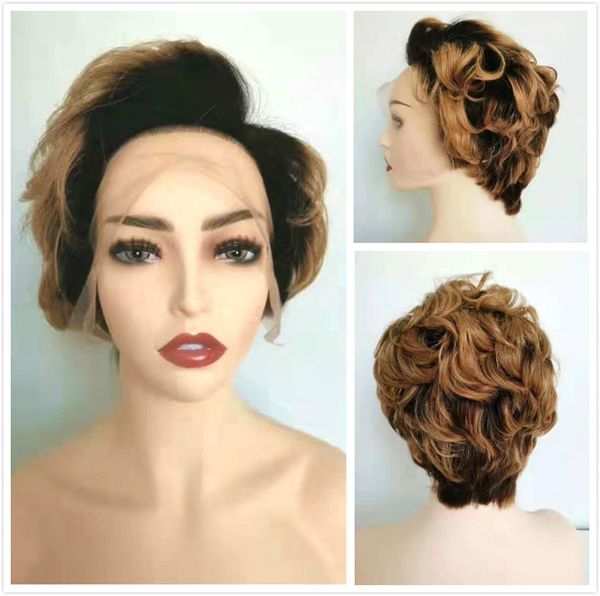 Side Part Honey Blonde Colored Wig Short Human Pixie Lace Front
