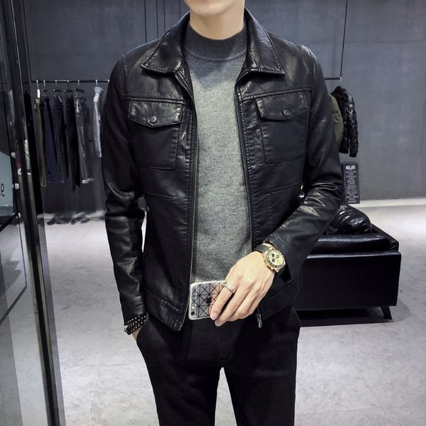 

young men's cultivate one's morality of 2019 autumn winters is recreational leather pure color leather coat lapels, Black