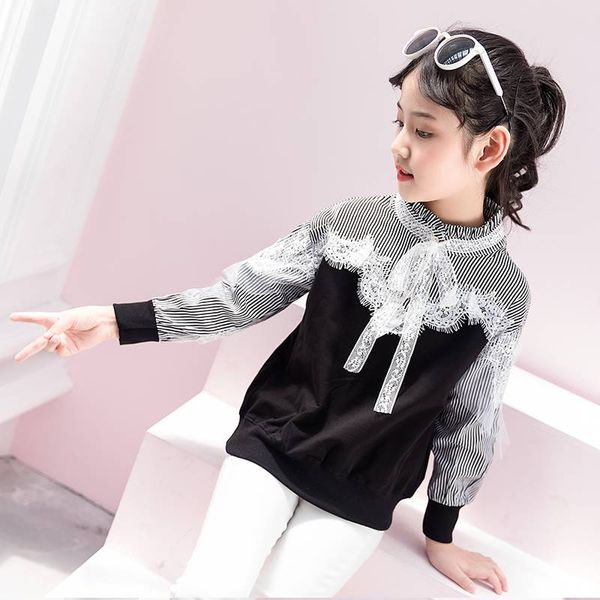 

girls pure cotton lace bottoming shirt children's spring autumn long sleeve kids students lace stripe spliced clothes b246, White;black