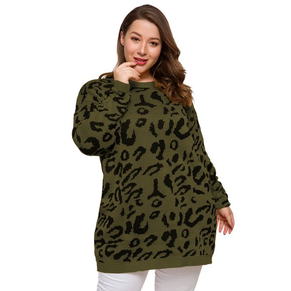 

fashion 2020 long sleeve green women sweaters autumn and winter new style large size round neck leopard loose sweater 3 colors, White;black