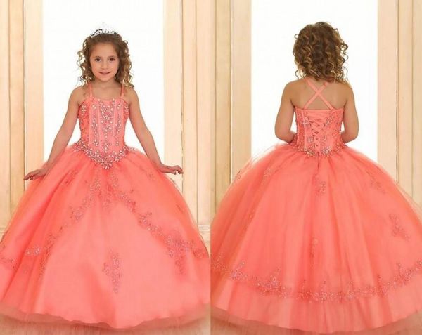 

2020 new coral girls pageant dresses crystals beaded organza flower girl dresses corset back formal party pageant gowns for teens, White;red