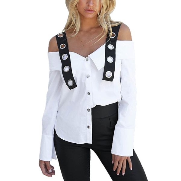 

summer women shirt ladies fashion off shoulder long sleeved spaghetti strap casual blouse button female shirt, White