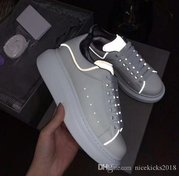

shinny fluorescent luminous reflective 3m white casual shoes platform sneakers men women leather comfort leisure ladies chaussures with box, Black
