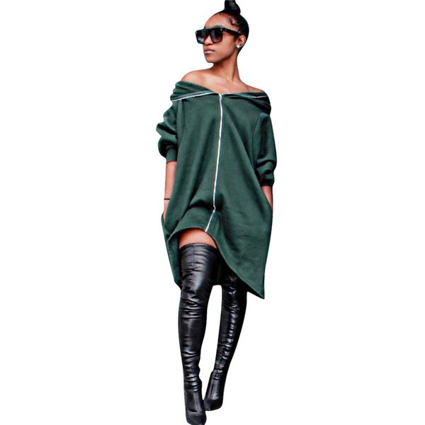 

new arrival fashion custom women dress loose long sleeve hooded sweatshirt solid color zipper dresses, Black;gray