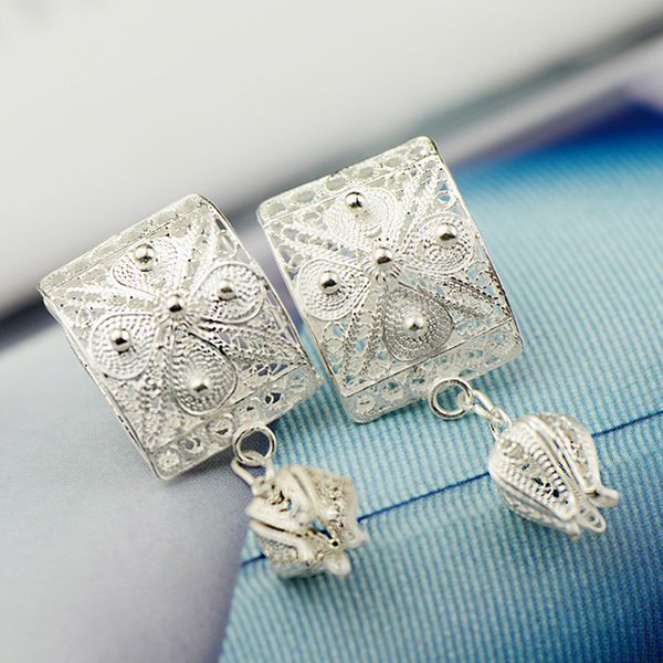 

925 sterling silver ethnic dangle earrings vintage flower drop earrings for women korean fashion jewelry boucles d oreille femme, Golden;silver