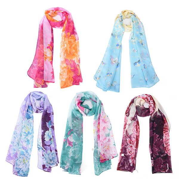 

1pc butterfly flower chiffon printed scarves women fashion long scarf 160*50cm, Blue;gray