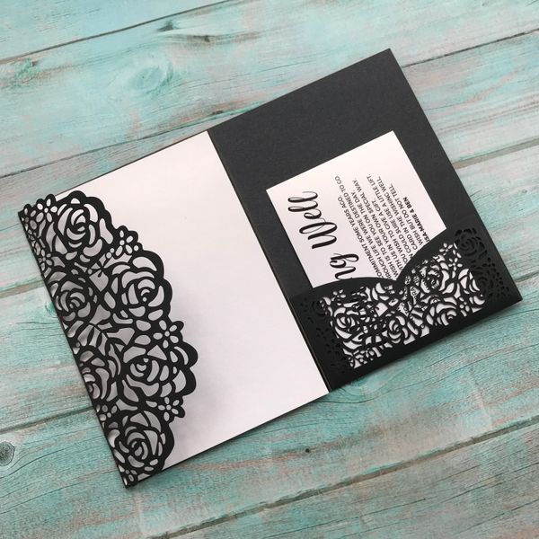 

15pcs tri-folding wedding invitation card rose sculpture exquisite hollow out birthday party craft pearl paper envelope invitation cards, Black