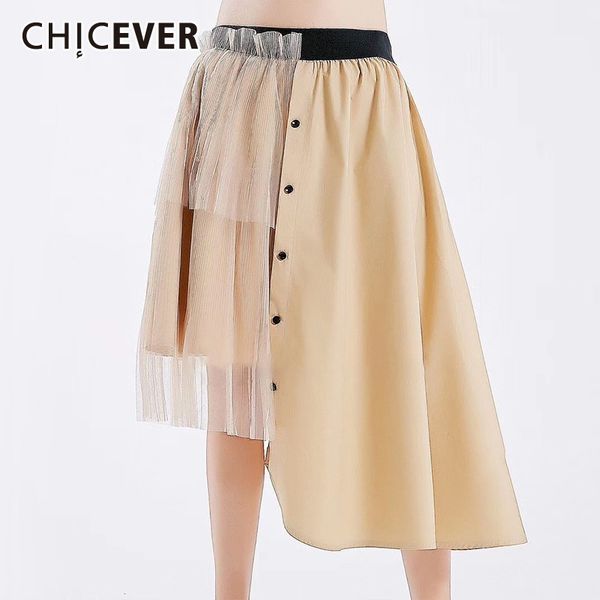 

chicever summer casual patchwork mesh women skirt elastic high waist button loose asymmetrical hem mid calf skirts 2020 fashion, Black