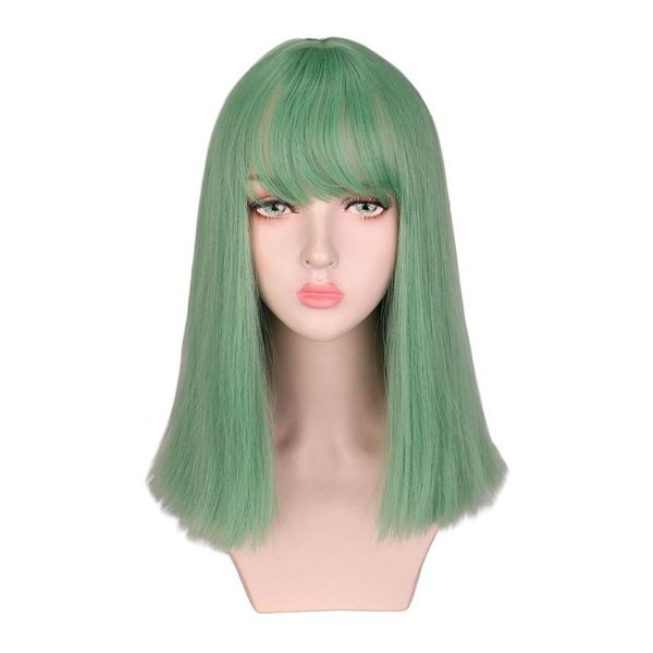 

qqxcaiw medium straight bobo wig neat bang women girls cosplay party costume green synthetic hair wigs white/black women girls