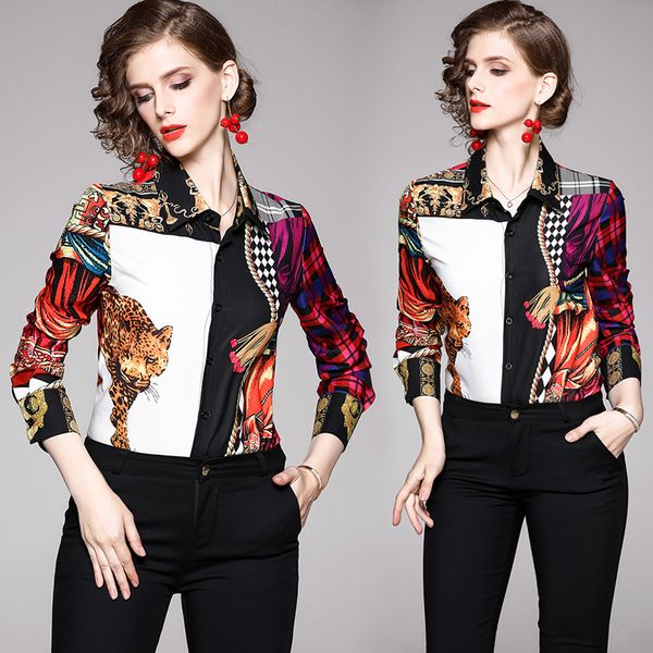 

luxury runway designer elegant shirts women long sleeve lapel neck spring ladies blouses classic casual printed office button shirts, White