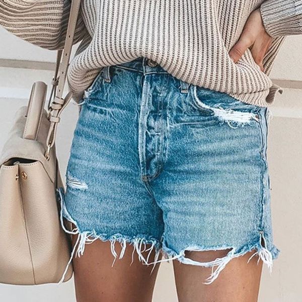 

denim shorts jeans ladies casual hole destroyed fashion jeans ripped fashion daily ladies tassel short, Blue