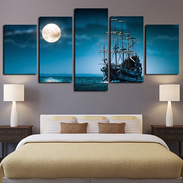 

5 panels moonlight ocean ship artworks pirate sailboat giclee canvas wall art for kid home wall decor poster canvas print oil painting
