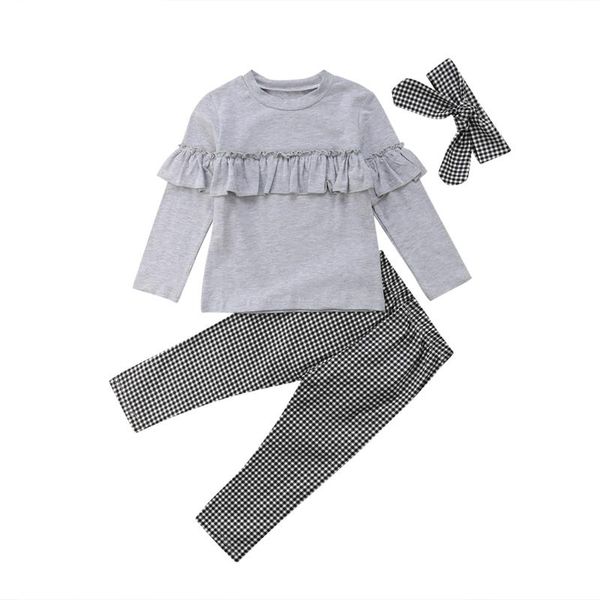 

uk toddler kids baby girl ruffle plaid pants leggings 3pcs outfits clothes, White